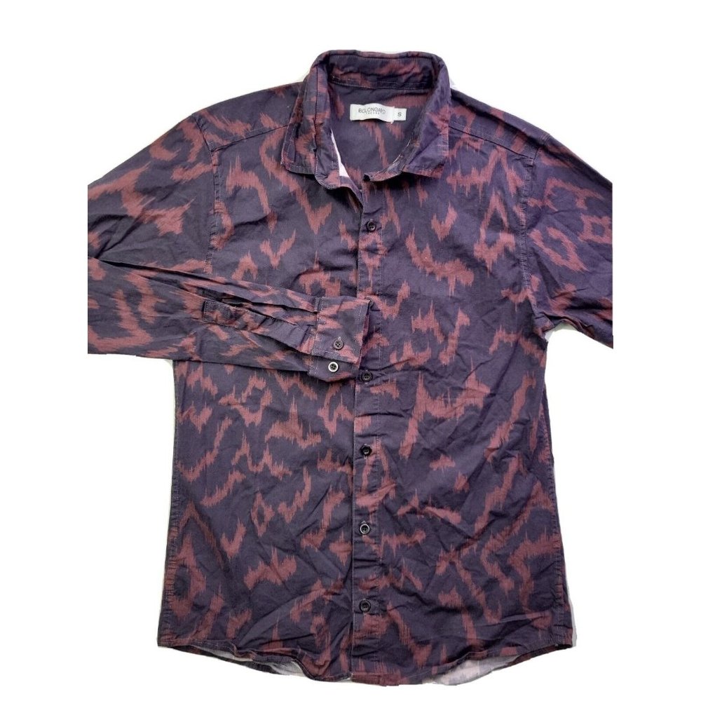 Bolongaro Trevor Men S Navy Brown Zig Zag Casual Button Shirt Stretch Collar LS